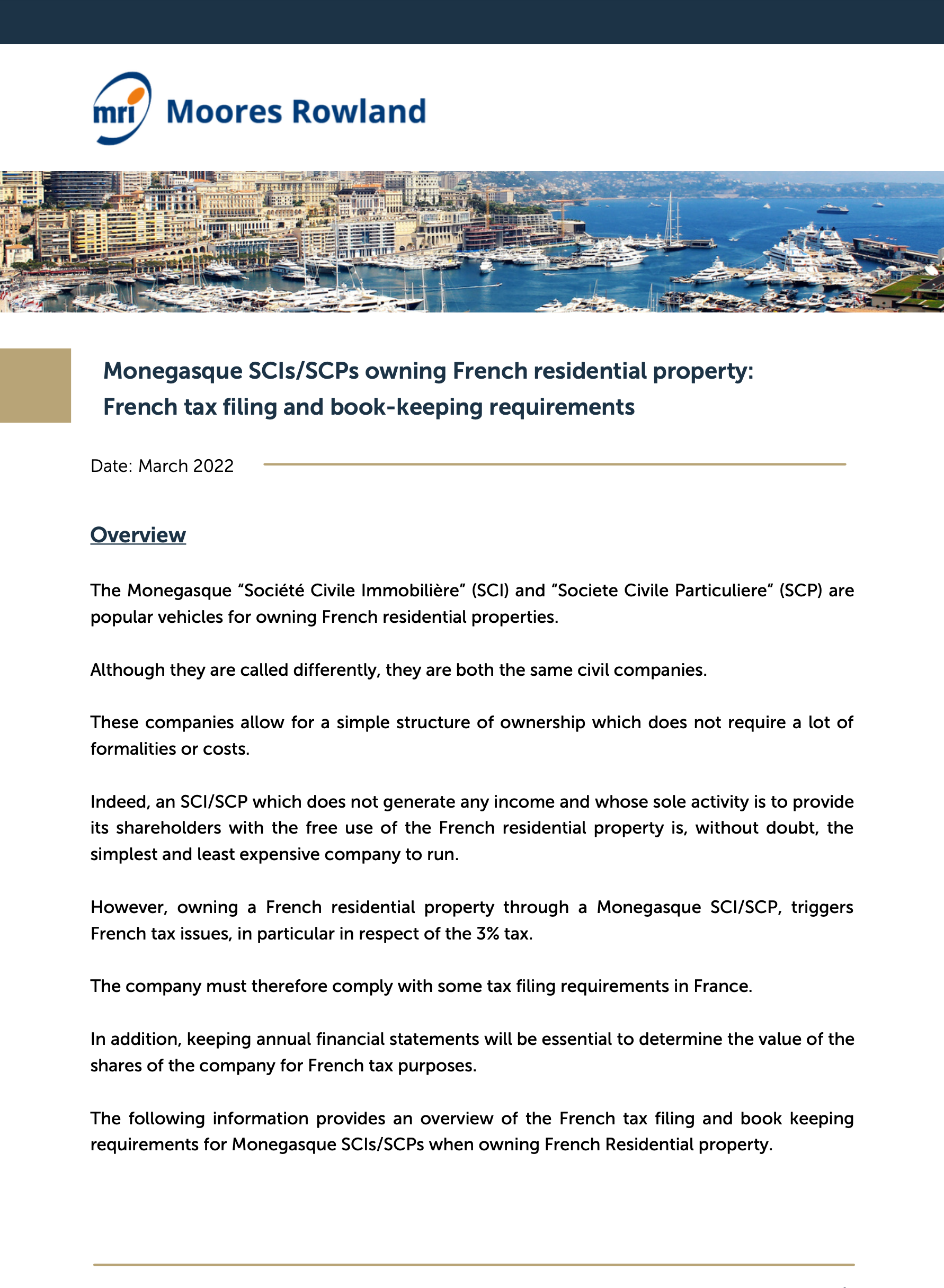 MONEGASQUE SCIS/SCPS OWNING FRENCH RESIDENTIAL PROPERTY: FRENCH TAX FILING REQUIREMENTS AND BOOK-KEEPINGS